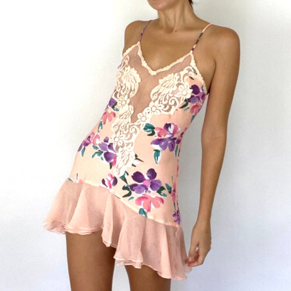 Vintage Peach Floral Ruffle Lace Mini Slip Dress - Picture 3 of 12